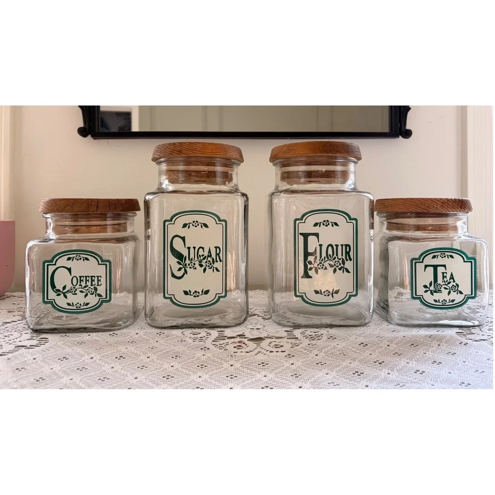 Vintage Anchor Hocking Glass Canister Set 4pc Green Floral Wood Lids